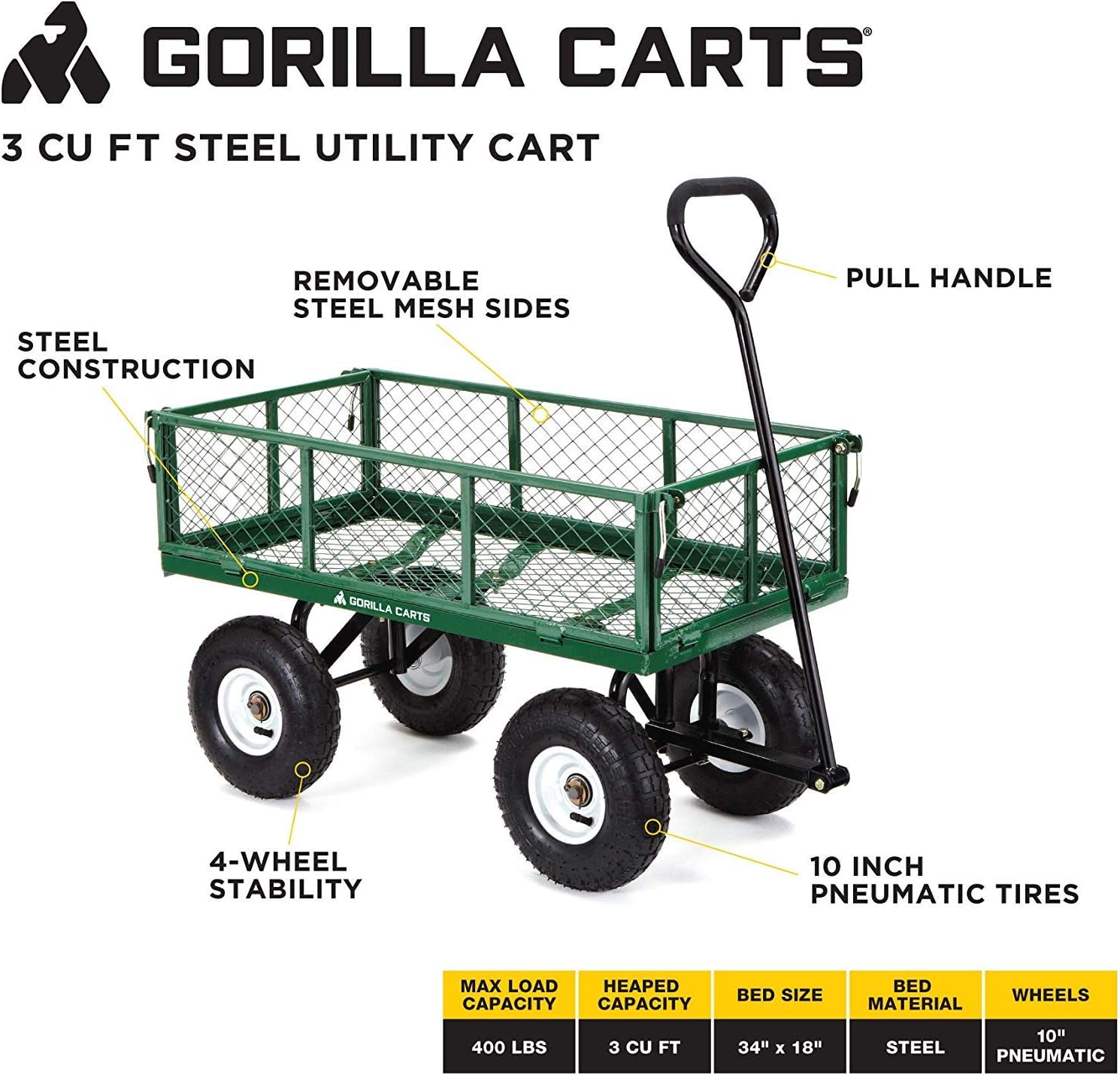 Gorilla Carts GOR400-COM Steel Garden Cart, Steel Mesh Removable Sides, 3 cu ft, 400 lb Capacity, Green - Image 5
