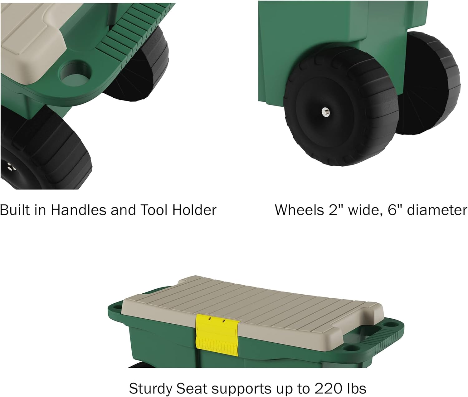 Rolling Garden Cart with Seat - Plastic Storage with Bench and Interior Tool Tray - Gardening Stool for Weeding and Planting By Pure Garden (Green) - Image 4