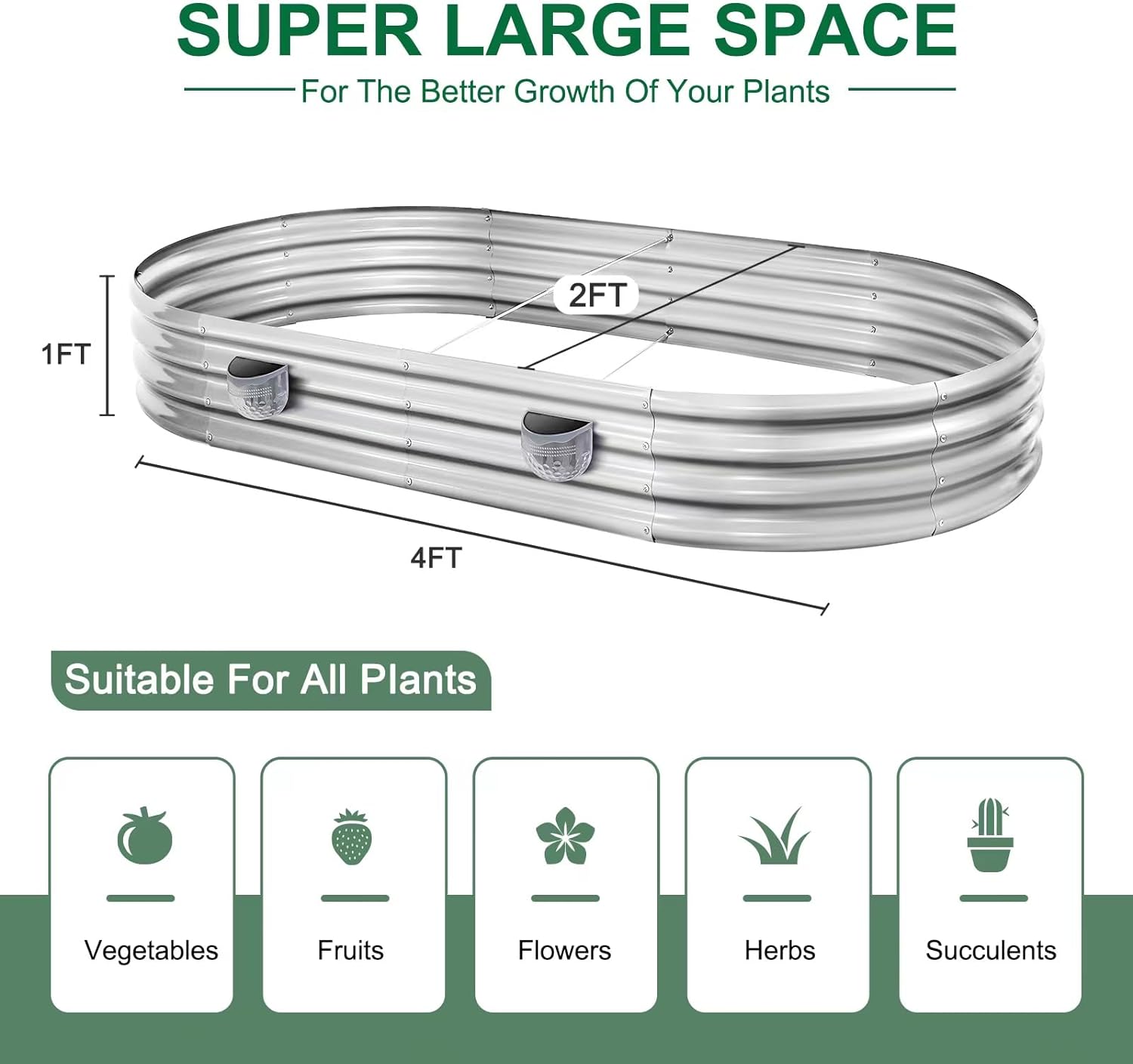 Land Guard Galvanized Raised Garden Beds Outdoor with 2 Magnetic Solar-Powered Lights(Grey), Metal Planter Raised Beds, 4×2×1Ft Metal Raised Garden Beds for Gardening, Vegetables, Flowers - Image 2