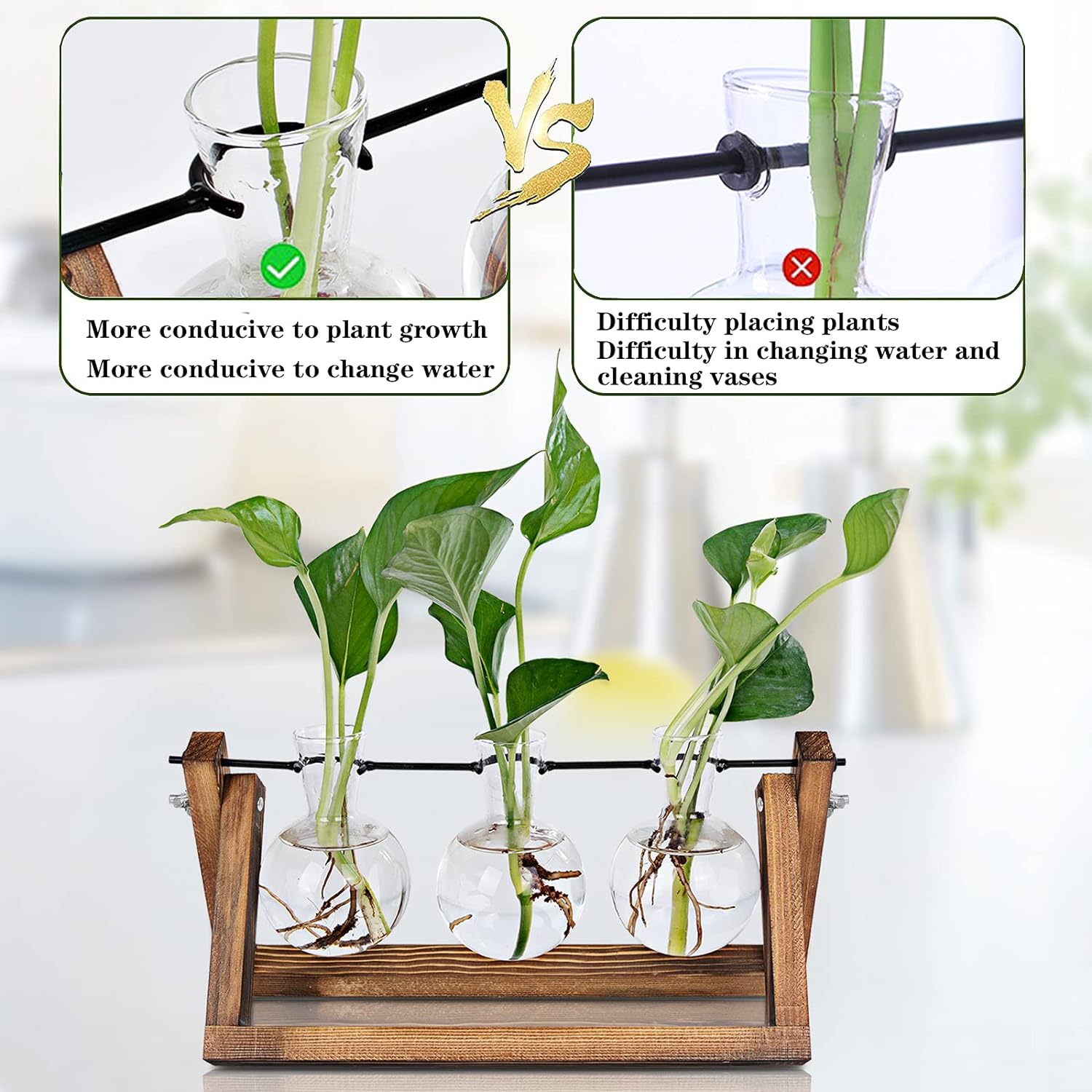 Renmxj Plant Propagation Station, Plant Terrarium with Wooden Stand, Unique Gardening Birthday for Women Plant Lovers, Home Office Garden Decor Planter - 3 Bulb Glass Vases - Image 3