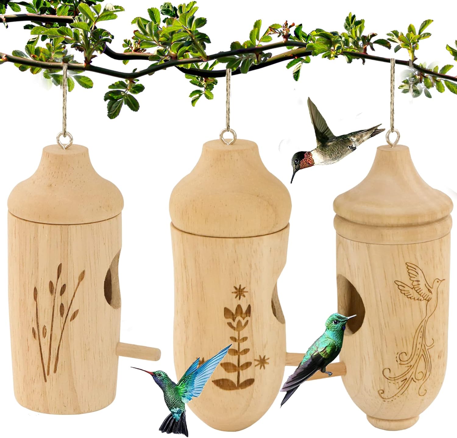 OROGHT Hummingbird House - Natural Wooden Hummingbird Houses for Outside Hanging, Gardening Gifts Home Decoration 3 Packs