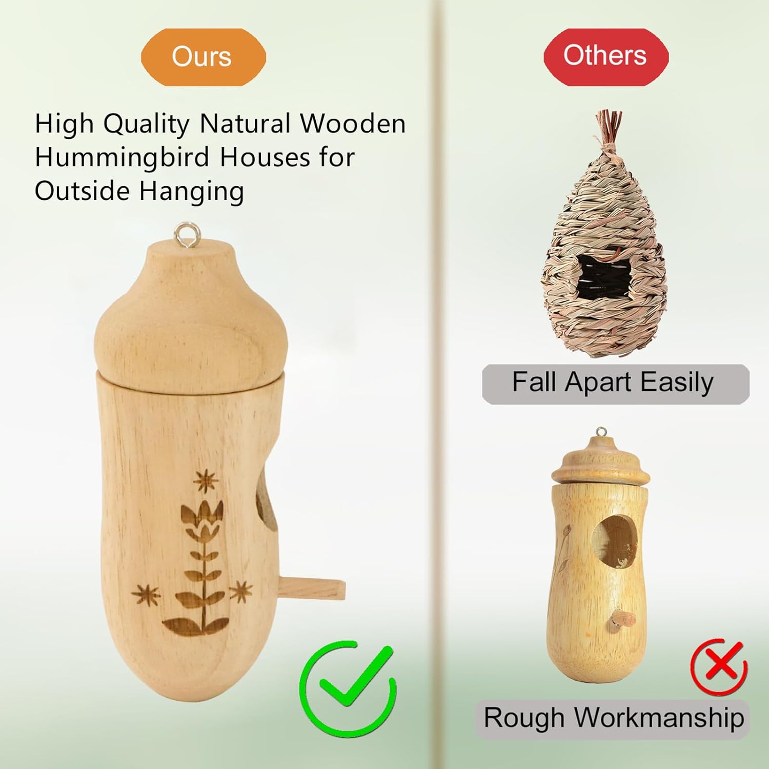 OROGHT Hummingbird House - Natural Wooden Hummingbird Houses for Outside Hanging, Gardening Gifts Home Decoration 3 Packs - Image 2