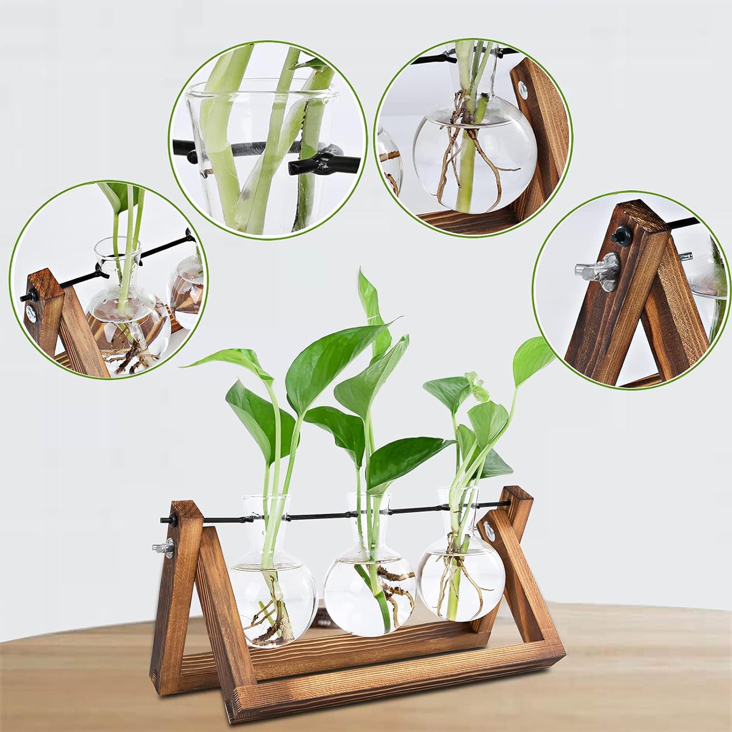 Renmxj Plant Propagation Station, Plant Terrarium with Wooden Stand, Unique Gardening Birthday for Women Plant Lovers, Home Office Garden Decor Planter - 3 Bulb Glass Vases - Image 4