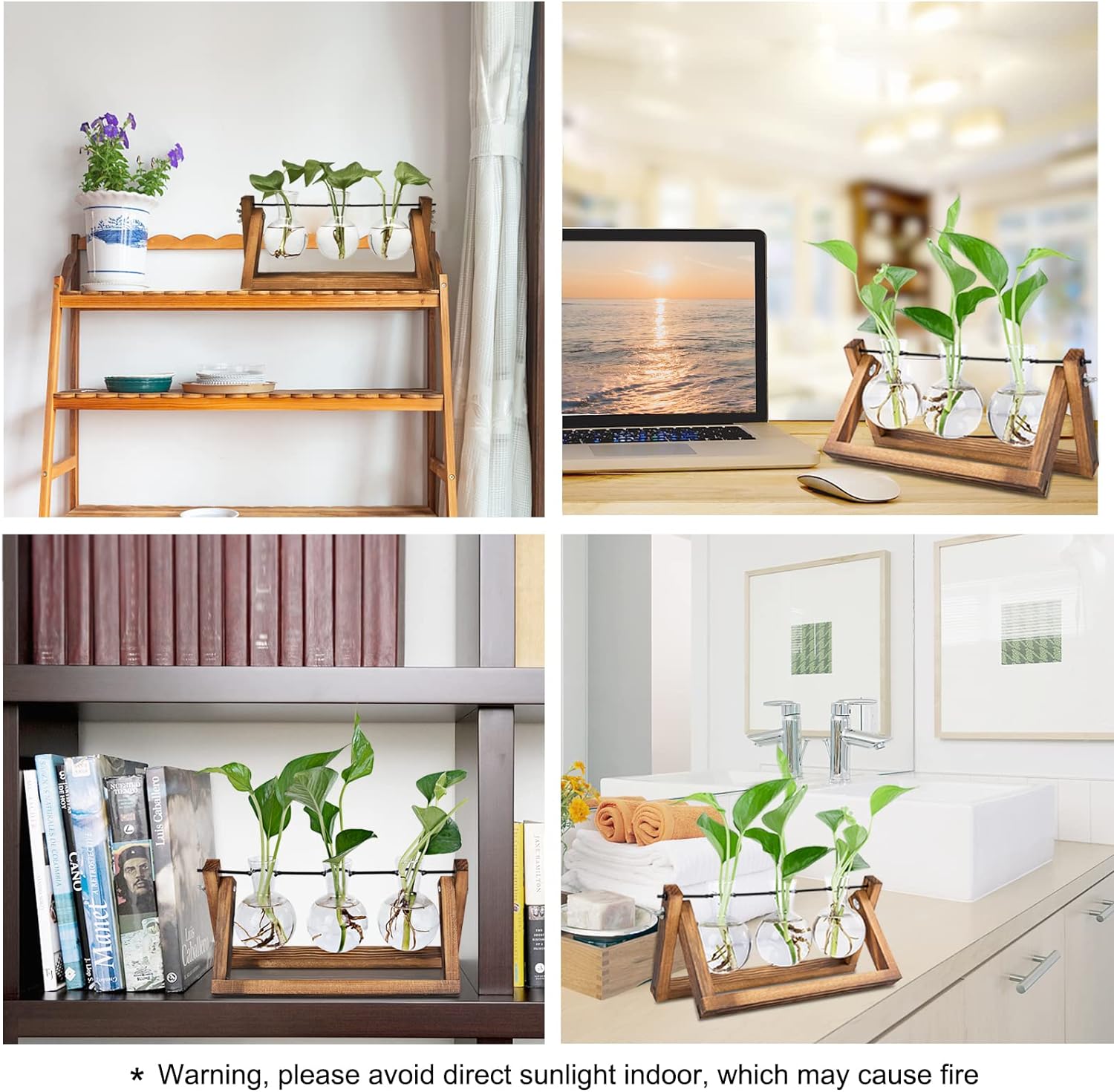 Renmxj Plant Propagation Station, Plant Terrarium with Wooden Stand, Unique Gardening Birthday for Women Plant Lovers, Home Office Garden Decor Planter - 3 Bulb Glass Vases - Image 2