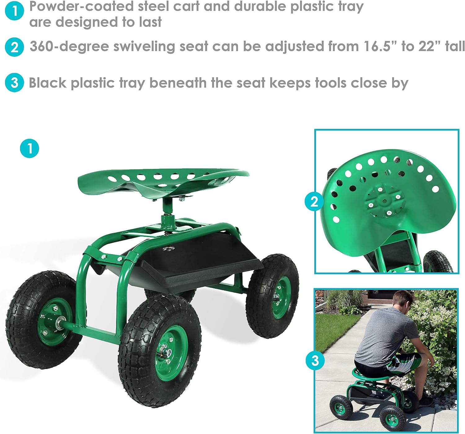 Sunnydaze Rolling Garden Cart Scooter with Wheels and Tool Tray - 360-Degree Swivel Seat - Green - Image 3