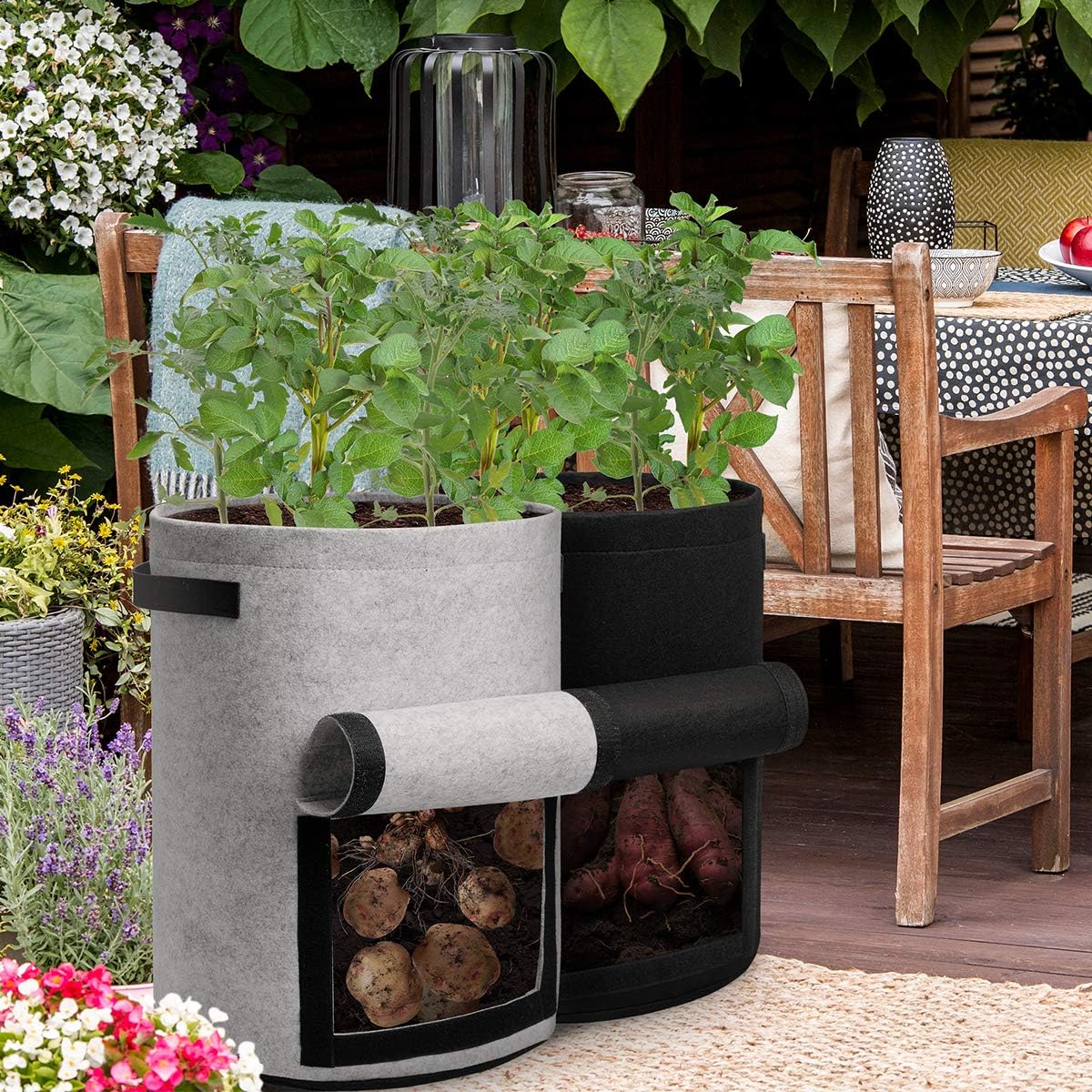 Homyhoo Potato Grow Bags with Flap 10 Gallon, 4 Pack Planter Pot with Handles and Harvest Window for Potato Tomato and Vegetables, Black and Gray - Image 7