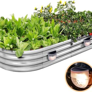 Land Guard Galvanized Raised Garden Beds Outdoor with 2 Magnetic Solar-Powered Lights(Grey), Metal Planter Raised Beds, 4×2×1Ft Metal Raised Garden Beds for Gardening, Vegetables, Flowers