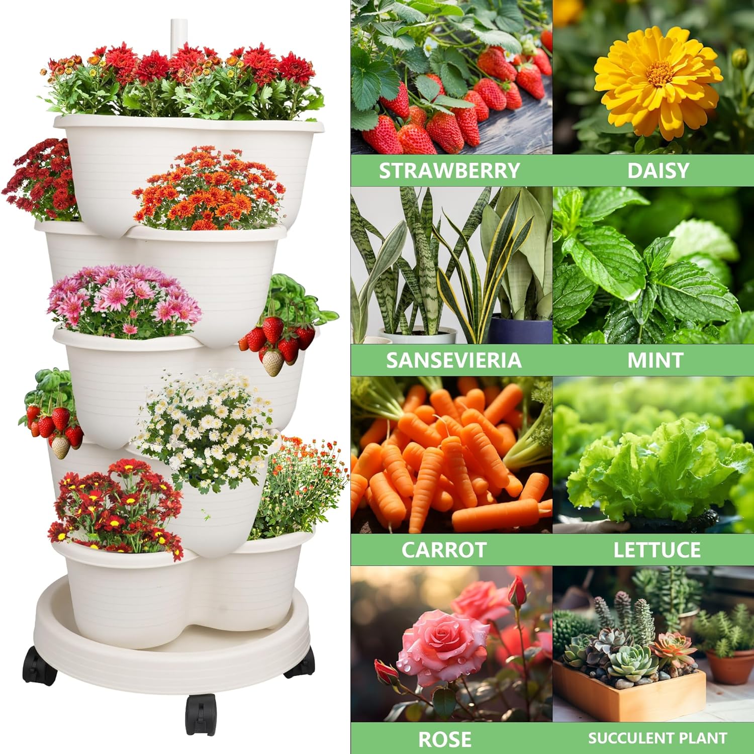 Hourleey Strawberry Planter, 5 Tier Stackable Gaden Tower for Flowers, Vegetables, Grow Your Own Herb Garden Vertical Oasis of Vegetables and Succulents - Image 6