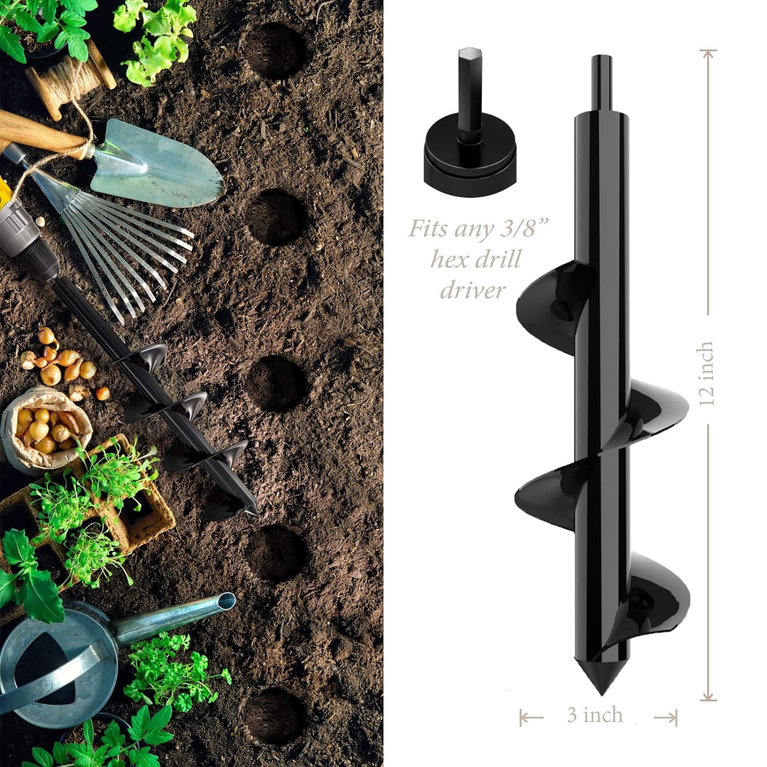 K-Brands Auger Drill Bit for Planting – 3 x 12 Inch - Garden Tools Spiral Hole Drill Planter for Bulb Planting, Bedding Plants, Umbrella Holes Gardening - 3/8 Inch Hex Drive Drill - Image 2