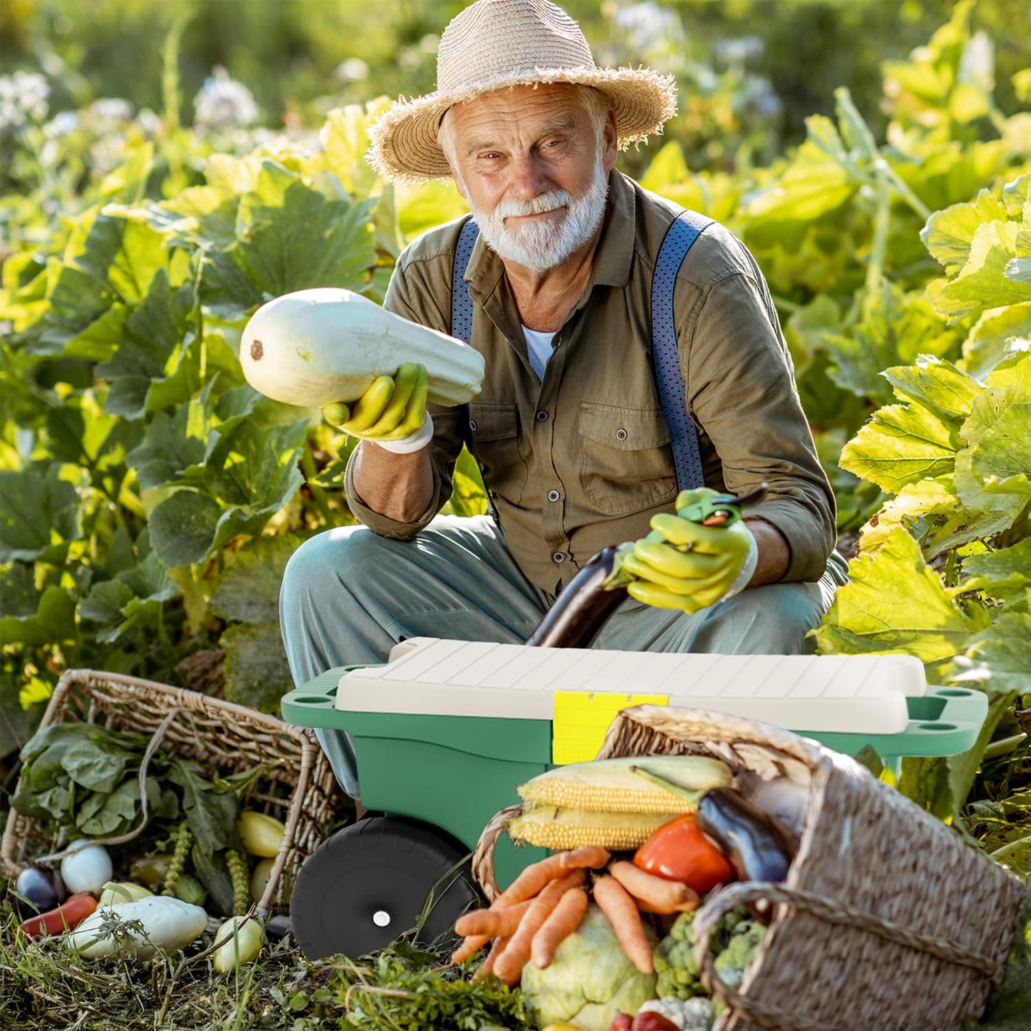 Rolling Garden Cart with Seat - Plastic Storage with Bench and Interior Tool Tray - Gardening Stool for Weeding and Planting By Pure Garden (Green) - Image 5