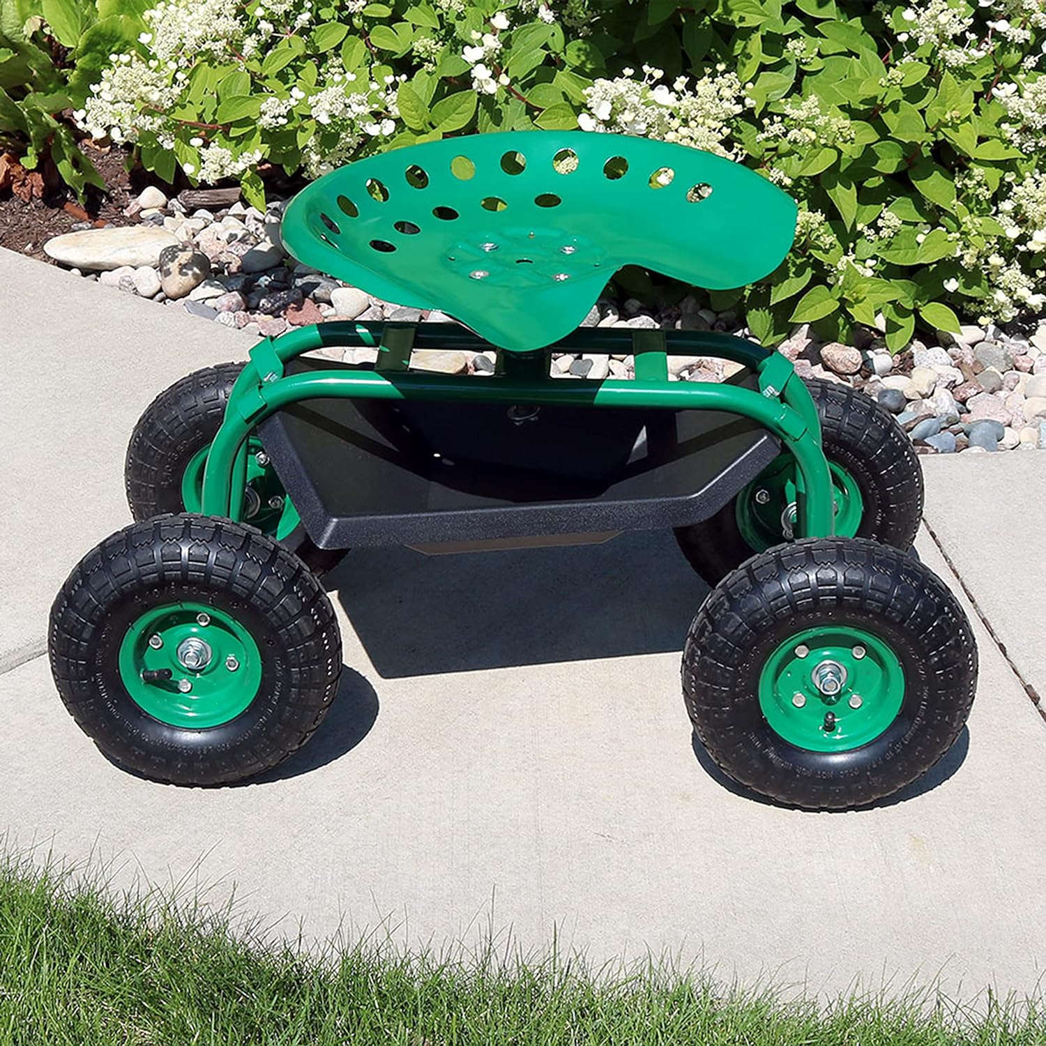 Sunnydaze Rolling Garden Cart Scooter with Wheels and Tool Tray - 360-Degree Swivel Seat - Green - Image 2
